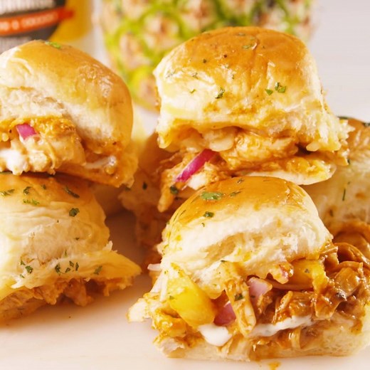 Good luck having just one of these Hawaiian Chicken Sliders. Full recipe: http://dlsh.it/hWsDfLK | Delish
