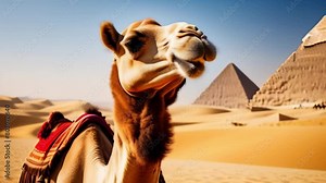 A camel in the middle of the desert against the backdrop of pyramids . Holidays and tourism in the warm country of Egypt.