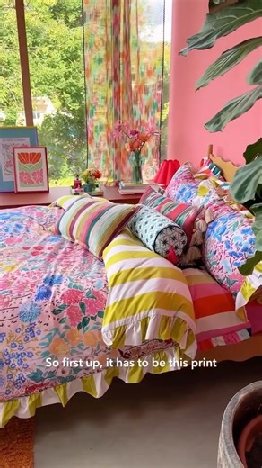 Dunelm on Instagram: "In our latest collaboration with the queen of colour, @SophieRobinsonInteriors shows us how to let our bedding bloom – or as she puts it, “slip into an envelope of pattern and colour…” 💐🌸🌷 ​ #TheHomeofHomes​ [Video description: A female interior designer sharing her top five bedding picks from her new collection stood in front of a bed. She highlights the reversible bedding set, frilled pillowcases, patterned fitted sheets and a variety of mix‑and‑match cushions.] ​ Soph