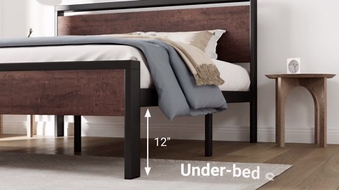 Allewie Full Size Bed Frame, Heavy Duty Metal Platform Bed with Wooden Industrial Headboard & Footboard, No Box Spring Needed, Walnut