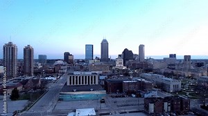 Indianapolis skyscrapers and skyline, Indiana. Aerial forward and sky for copy space