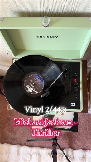 I was elated when I found this classic in the collection. Truly felt like I found a priceless relic. Also, did yall know that in the full picture of the iconic album cover he’s holding a small tiger??? #michaeljackson #thriller #recordplayer #vinyl #445vinyls