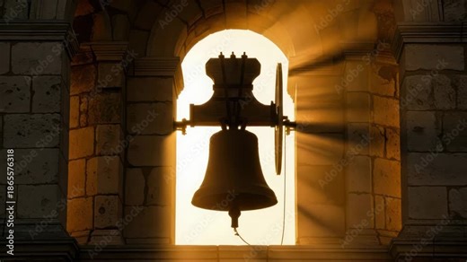 Silhouette of a large church bell ringing in an arched belfry with sun rays