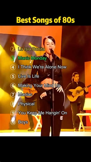 🎧 Best Songs of the 80s – Resumen musical 🌴 La Isla Bonita – Madonna Una fusión de pop y ritmos latinos que transporta a un paraíso tropical. Uno de los temas más icónicos de Madonna. 💼 Manic Monday – The Bangles Pop brillante y nostálgico que retrata la rutina y el deseo de escapar del trabajo. Escrito por Prince bajo seudónimo. 🎶 Think We’re Alone Now – Tiffany Himno juvenil de independencia y libertad, interpretado por la carismática Tiffany cuando solo tenía 16 años. 🔥 Live Is Life – Op