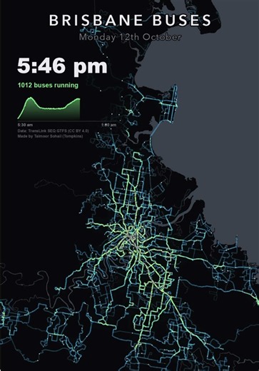 Every scheduled Brisbane bus today, Monday 12 October. The morning rush sees around 1090 buses on the road. Which route do you catch? #brissy #brisbane #TransLink #Queensland #publictransport