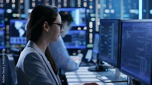 Close-up Footage of Female IT Engineer Working in Monitoring Room. She Works with Multiple Displays. Shot on RED EPIC-W 8K Helium Cinema Camera.