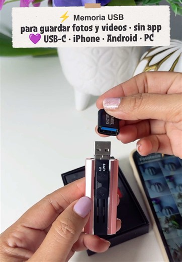 Memoria USB para guardar fotos y videos sin llenar el celular 📱💾 Se conecta fácilmente y puedes pasar tus archivos entre iPhone, iPad, Android y computadora. #MemoriaUSB #Almacenamiento #GuardarFotos #USBParaCelular #SohoChic