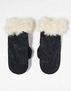Weekday faux shearling mittens in black suede with white fur | ASOS