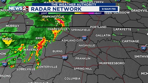 Friday 9:10 AM radar: tracking storms with heavy rain impacting areas west and northwest of Nashville. Wind gusts to 40 mph possible, but the main risk is heavy rain and lightning. Storms moving east/northeast. www.wkrn.com/weather?utm_medium=social&utm_source=facebook_WKRN_Good_Morning_Nashville | WKRN Good Morning Nashville