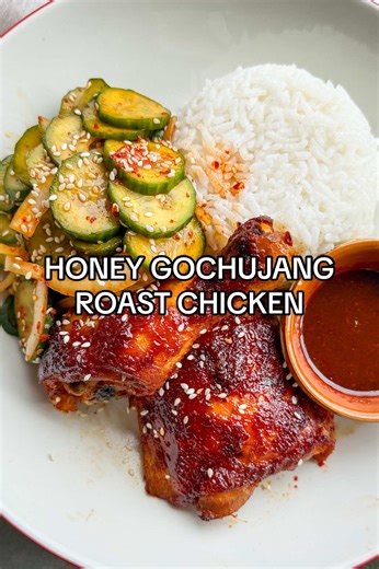 Honey Gochujang Roast Chicken with Cucumber Salad (Oi Muchim)… easy, comforting and outrageously delicious. The chicken is roasted to fall-off-the-bone perfection and deeply flavoured from a bold, Korean-inspired marinade that serves double duty as an irresistibly sweet, spicy and savoury glaze. It will literally have you licking your fingers. Feel free to use all legs, all thighs or even wings for a last-minute audible for your Super Bowl party. Serve the chicken with a refreshing Korean-style 