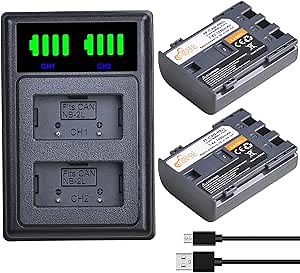 Pickle Power NB-2L NB-2LH Battery 2 Pack and LED Dua Charger for Canon Digital Rebel XT XTi PowerShot G7 G9 S70 S80 S60 S50 S30 S40 S45 DC420 DC410 EOS 400D 350D VIXIA HF R10 Elura 40 50 60