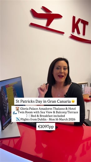 🌞 GRAN CANARIA SEA VIEW ESCAPE – MARCH 2026 🌊 Enjoy a relaxing 7-night sunshine break in beautiful Gran Canaria with sea views included! 🏨 Gloria Palace Amadores Thalasso & Hotel 📍 Amadores, Gran Canaria ✨ Stunning clifftop location 🌊 Twin Room with Sea View & Balcony/Terrace 🍽️ Bed & Breakfast included ✈️ Flights from Dublin (DUB) Outbound: 🗓️ Mon 16 March 2026 ✈️ Dublin → Gran Canaria ⏰ 10:00 – 14:25 Return: 🗓️ Mon 23 March 2026 ✈️ Gran Canaria → Dublin ⏰ 15:35 – 19:55 🧳 2 × 20kg chec