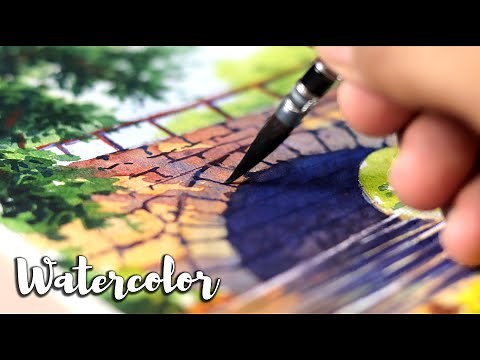 Beautiful Watercolor Painting of Bridge over Stream and Tree leaves