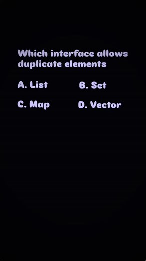 JavaThoops on Instagram: "📘 Day 13 – Java Interview Series 💻🔥 ✅ Correct Answer: A. List 💡 Explanation: 👉 List is an interface in Java Collections that allows duplicate elements and maintains insertion order. Examples of List implementations include ArrayList, LinkedList, and Vector. 👉 Vector allows duplicate elements ✔ But remember… Vector is a class that implements the List interface, not an interface itself. That is why List is the correct answer for this question. ❌ Set is an interface 