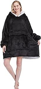 ZPECC Wearable Blanket Hoodie, Oversized Sherpa Blanket Hoodie Sweatshirt for Women Men Adults Kids, Super Warm (Black, ONE SIZE FITS ALL)