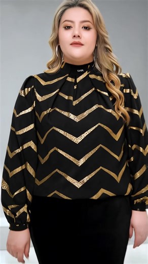 Plus Size Black Gold Chevron Sequin Blouse for Women - Long Puff Sleeve Stand Collar Dressy Party Top #Plus #size #party #wear #blouse #Black #& #gold #sequin #plus #top #Women's #puff #sleeve #dress #shirt #Dressy #stand #collar #formal #Chevron #patterned #long #occasion