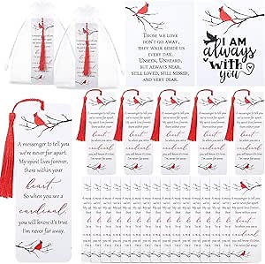 Geyoga 50 Sets Funeral Favors for Guests Bulk Funeral Cardinal Memorial Bookmarks Double Side Printed Celebration of Life Decorations with Tassel Sympathy Card Organza Bag for Memorial Party Return