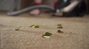 Woman using vacuum cleaner to collect dust cleaning house after party