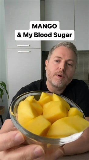 Comment “FRUIT” below and I’ll send you a guide with all the fruits I’ve tested and how they impacted my blood sugar. Today I tested six ounces of fresh mango to see what it would do to my blood sugar. * ~100 calories * 25g carbs * 1g protein * 2g fiber * ~24g sugar Before eating it, I was curious (and a bit concerned) since mango is known for its high sugar content. Here’s what happened: After a couple of hours, my glucose monitor showed only a small spike of about 25 mg/dL—which isn’t bad at a