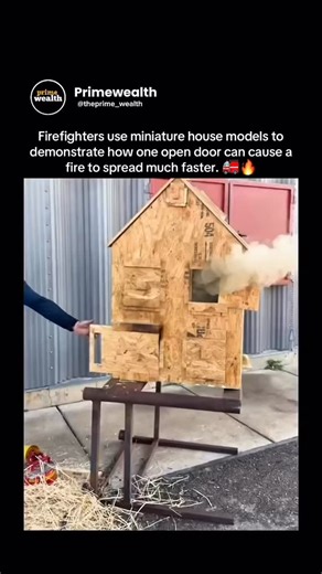 Primewealth on Instagram: "This tiny wooden “dollhouse” shows why fires turn deadly much faster than most people realize. 🚒💨 Firefighters use these training models to demonstrate how airflow, oxygen, and pressure behave during a real house fire. The moment a door or window opens, fresh oxygen pours in, feeding the flames and rapidly increasing heat, smoke, and fire spread in seconds. The demo highlights why shutting doors behind you during a fire can slow the flames, limit toxic smoke, and buy