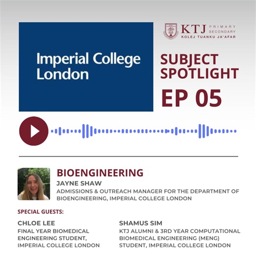 Bioengineering at Imperial College London | Subject Spotlight 💡 In this 5th episode, Jayne Shaw shines a spotlight on Bioengineering at Imperial College London, and its three main subdivisions: Biomedical Engineering, Biological Engineering and Biomimetics. Jayne is the Admissions and Outreach Manager for the Department of Bioengineering, and is joined by two current students. Chloe Lee is a final year student studying Biomedical Engineering, and Shamus Sim is a #KTJAlumni and third year studen