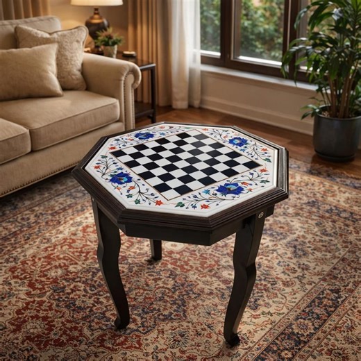 Marble Chess Table – Handcrafted Stone Chessboard Coffee Table – Octagon Game Board With Wooden Leg - Etsy
