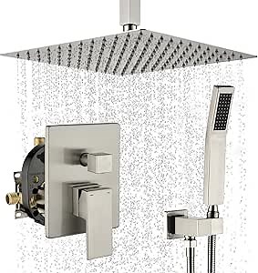 WELLFOR 12-In Ceiling Mount Shower System with Single Handle, Pressure-balanced Valve Included, Waterfall Dual Head Shower Head System, Rain Shower System, Shower Faucet Trim Kits, Brushed Nickel
