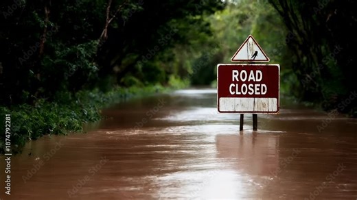 Natural disaster. Devastating loss aftermath scene. A road closed sign on a flooded road surrounded by lush greenery. The sign is red with white lettering.