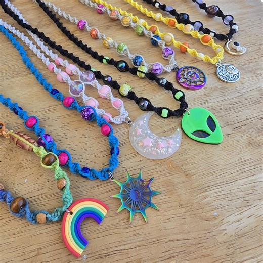 Hand-tied Hemp Celestial Pendant Necklace: Stars, Moon, Alien - Etsy