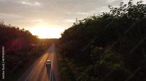 End of clip, black road stretching 2 lengths into a forest, clip of a car driving into the sunset.