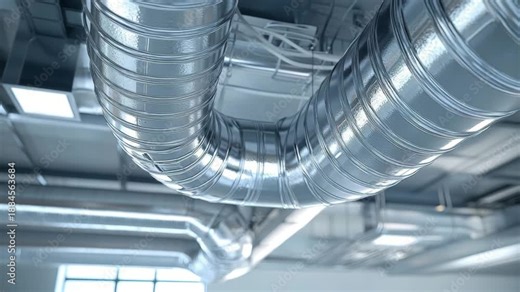 Ductwork installation process in a large industrial building with metal piping and ventilation
