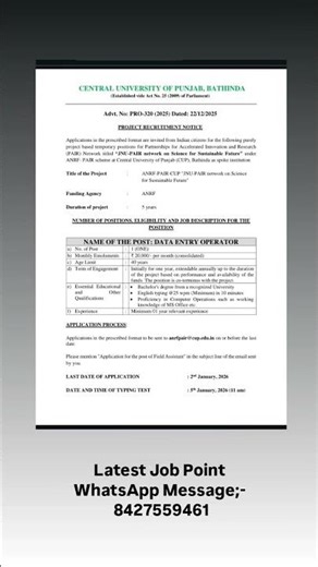 Central University of Punjab Data Entry Operator Recruitment 2026 - Apply Offline