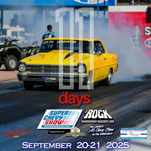 3.3K views · 18 reactions |  SUPER CHEVY SHOW   Sept 19–21 |  Rockingham Dragway  Drag Racing (Sat & Sun)  Car Show (Sat only) ️ Swap Meet (Sat & Sun)  Jet Cars (Sat only) ️ Tickets  thefoat.com/159724 ❤️ $1 per ticket goes to Samaritan Colony ✨ Presented by Dieffenbach GM Superstore ⚡ Don’t miss the biggest Chevy event of the year at The Rock! ⚡ | Rockingham Dragway | Facebook