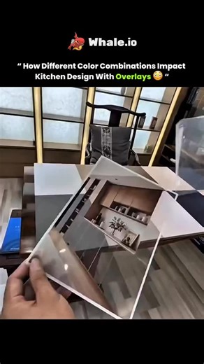 knowledge on Instagram: "A transparent overlay sheet with preprinted cabinet colors is placed over a kitchen design to visualize how different finishes transform the space. This method allows a direct comparison of multiple shades such as light tones that create a bright and open look, dark finishes that add depth and contrast, and dual tone options that balance warmth with modern style. Each overlay reveals how the cabinet color affects wall units, lower storage, and overall coordination with c