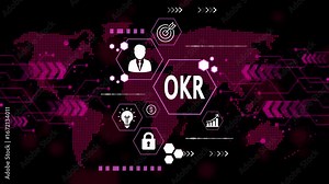 O K R Objectives and Key Results Global Business Strategy Concept Digital World Map Visualization Corporate Goals Achievement Innovation and Growth Data Driven Decision Making Future Technology