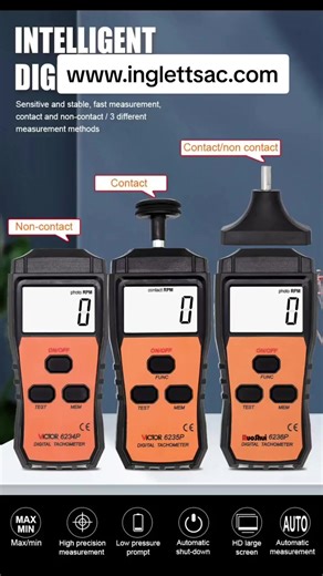 RuoShui-tacómetro Digital láser sin contacto, Sensor inteligente, medidor de velocidad, rango de 2,5-99999 RPM, probador de Motor de mano automático. Características principales: Tacómetro digital portátil sin contacto con rendimiento estable. Amplio rango de medición (2,5 ~ 99999RPM) y alta resolución (0,1 RPM o 1RPM). Valor máximo, valor mínimo, la última función de valor mostrado con indicación de Batería baja. Capaz de medir a una distancia de 50 ~ 500mm) con gran pantalla LCD. Uso amplio: E