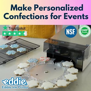 Event Planners! Provide personalized cookies, macarons, and confections at your events. Print photos and logos directly onto cookies, macarons, and confections with Eddie® The Edible Ink Printer. Great for weddings, anniversaries, birthday parties, and corporate events. Prints 300 cookies per hour. High-quality printing. NSF and cGMP certified and rated 4.7 out of 5 stars on Trustpilot. Call 1 763-475-6676, email sales@primera.com, or live chat on www.primera.com/eddie. Free tech support for the