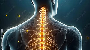 A digital illustration showcases a detailed view of the human spine and neural connections. The glowing nerves highlight the intricate anatomy. Suitable for medical or educational content, viewed