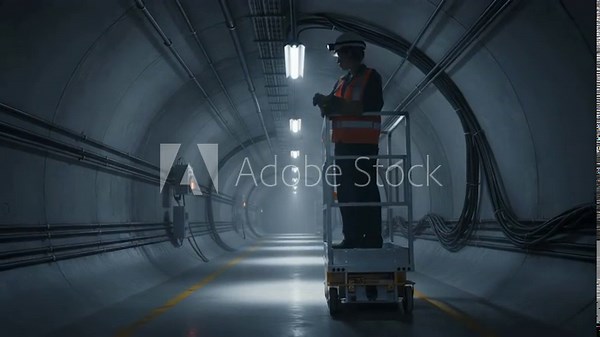 Worker adjusting brightness settings on LED lighting components within an underground maintenance corridor ensuring optimal light distribution.