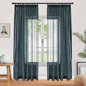 Fcosie Natural Linen Blend Stripe Sheer Drape 96 inches Length, Pinch Pleat Curtain for Sliding Patio Door for Traverse Rod and Track, Light Filtering Draperies, Smoke Blue 100" W by 96" L (1 Panel)