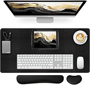 Desk Pad Mat Set,3-in-1Large Mouse Pads with Wrist Rest and Keyboard Pad, Desk Mats for Keyboards and Mouses, Ergonomic Keyboard and Mouse Mat Set for Office Home(Black Grey,31.5" x 15.7")