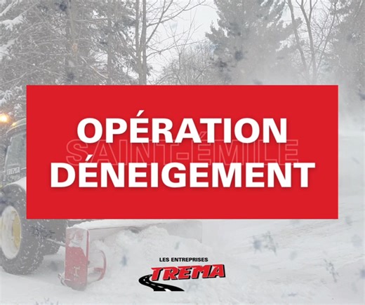 ❄️ OPÉRATION DE DÉNEIGEMENT ❄️ 28 novembre 2025 Nous informons notre clientèle résidentielle de Saint-Émile que nous effectuons un seul passage de déneigement aujourd’hui. ⚠️ Veuillez noter que les entrées en gravelle ne seront pas déneigées aujourd’hui. Seuls les remblais seront réalisés pour ces adresses. Merci pour votre collaboration et votre compréhension, bonne journée ! ☃️ | Les Entreprises Trema | Facebook