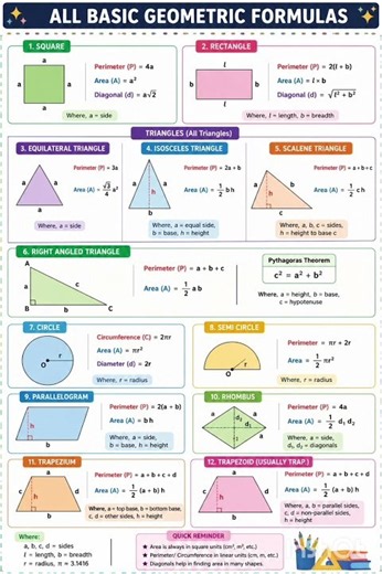 All Basic Geometry Formulas in ONE Chart 🔥 | Must Learn for Students