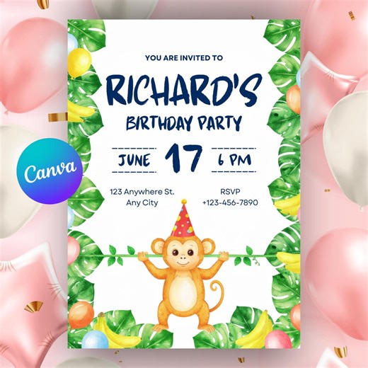 Monkey Birthday Invitation Jungle Safari Birthday Invite Wild One Birthday Party Editable Canva Template Tropical Safari Invite - Etsy