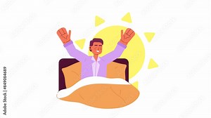 Happy caucasian man waking up after healthy sleeping 2D animation. Enough sleep 4K video motion graphic. European male energetic morning color animated cartoon flat concept, white background Stock Video