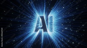 Abstract visualisation of AI technologies with AI letters, slow moving lighting beams on black background, 4K tech video template