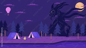 Creepy woods camping site lo fi animated cartoon background. Walking forest monster at campfire 90s retro lofi live wallpaper animation. Spooky nightmare color chill scene 4K video motion graphic