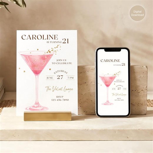 Glam Pink Martini Birthday Invitations Bundle | Canva Templates | Instant Download