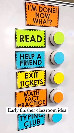 Early finisher idea 💡 I started doing this a few years ago with a fifth grade class: I feel like I’m constantly asked what they can do when they are done even when I’ve told them AND it’s almost always the same options every day 😂 In the past, I’ve tried printing extra practice activities and letting them choose which ones to do but I just hated keeping up with the copies. I wanted to try something new, so I got these push lights from the dollar tree and made some labels for the early finisher