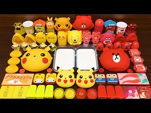 YELLOW PIKACHU vs RED BEAR ! Mixing Random Things into GLOSSY Slime! Satisfying Slime Videos #267